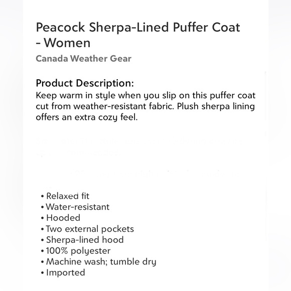 Canada Weather Gear Peacock Sherpa Lined Puffer Coat Winter Size Medium Warm - Picture 5 of 5